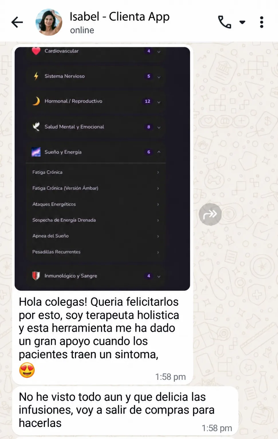 Isabel comparte las categorías de síntomas de la app